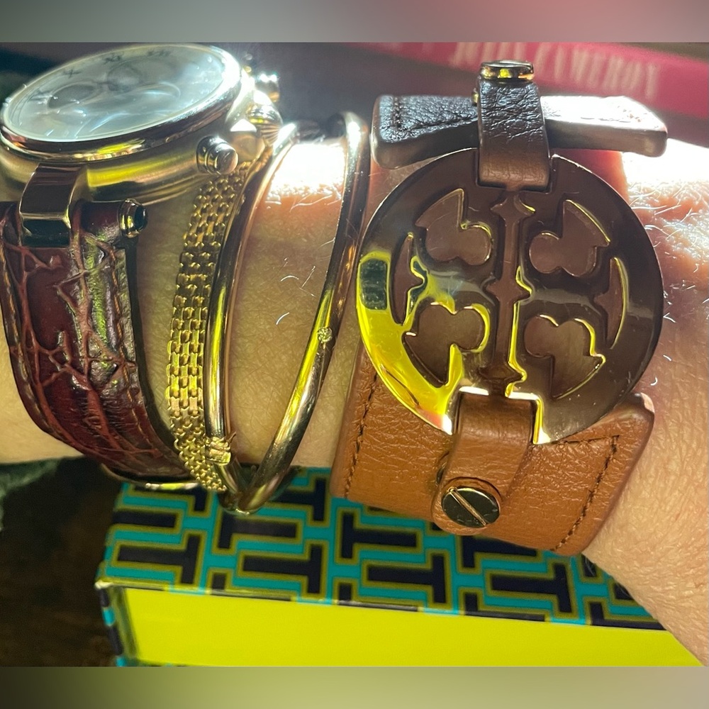 Tory Burch Wide Leather and Gold Emblem Double-Snap Cuff Bracelet - Picture 2 of 12